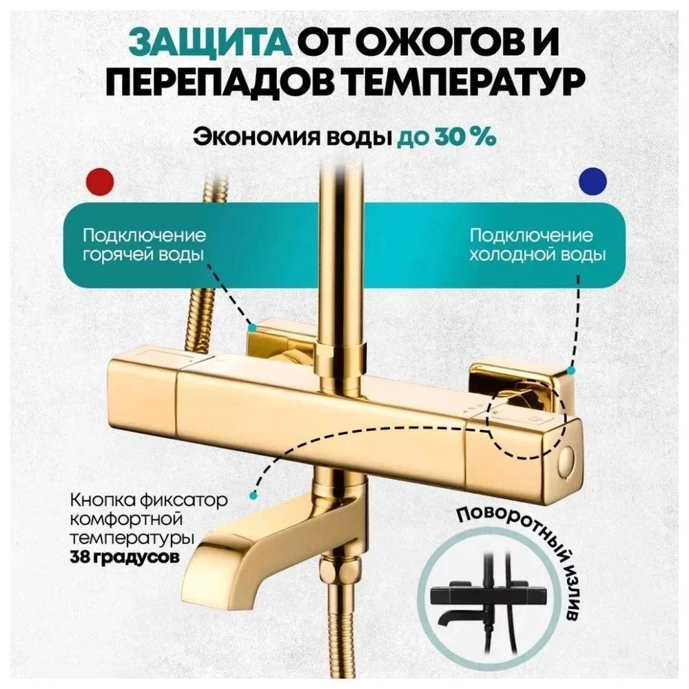Душевая система с термостатом Grocenberg GB7005GO, золото от магазина Vanna-Vanna.ru!