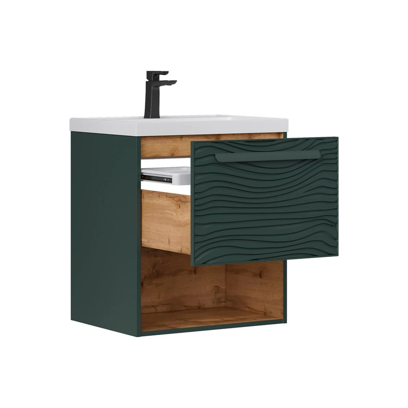 Тумба с раковиной EQUIL Gleam 60 подвесная, один ящик, зеленый камень/дуб вотан
