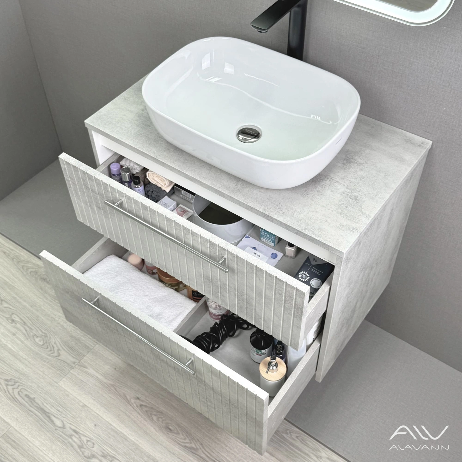 Тумба подвесная Alavann Emma 80 с раковиной Moduo 50 SQUARE, серый бетон