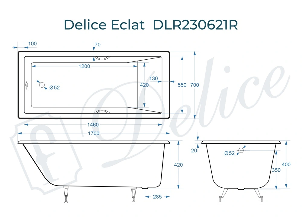 Ванна чугунная Delice Eclat 170х70 DLR230621R с отверстиями под ручки от магазина Vanna-Vanna.ru!