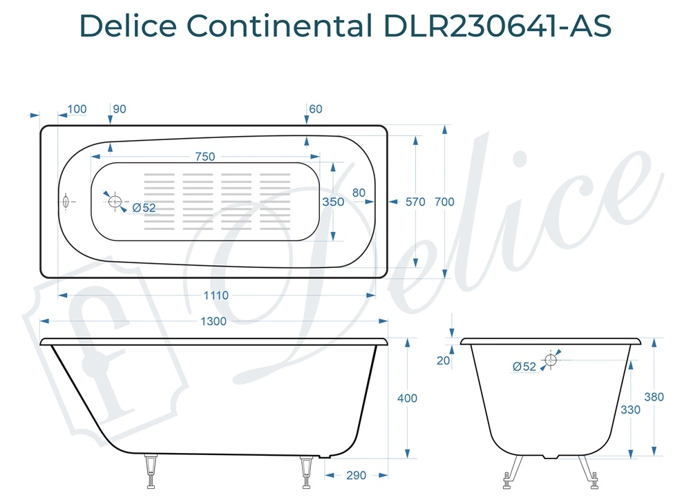 Ванна чугунная Delice Continental 130х70 DLR230641-AS с антискользящим покрытием от магазина Vanna-Vanna.ru!