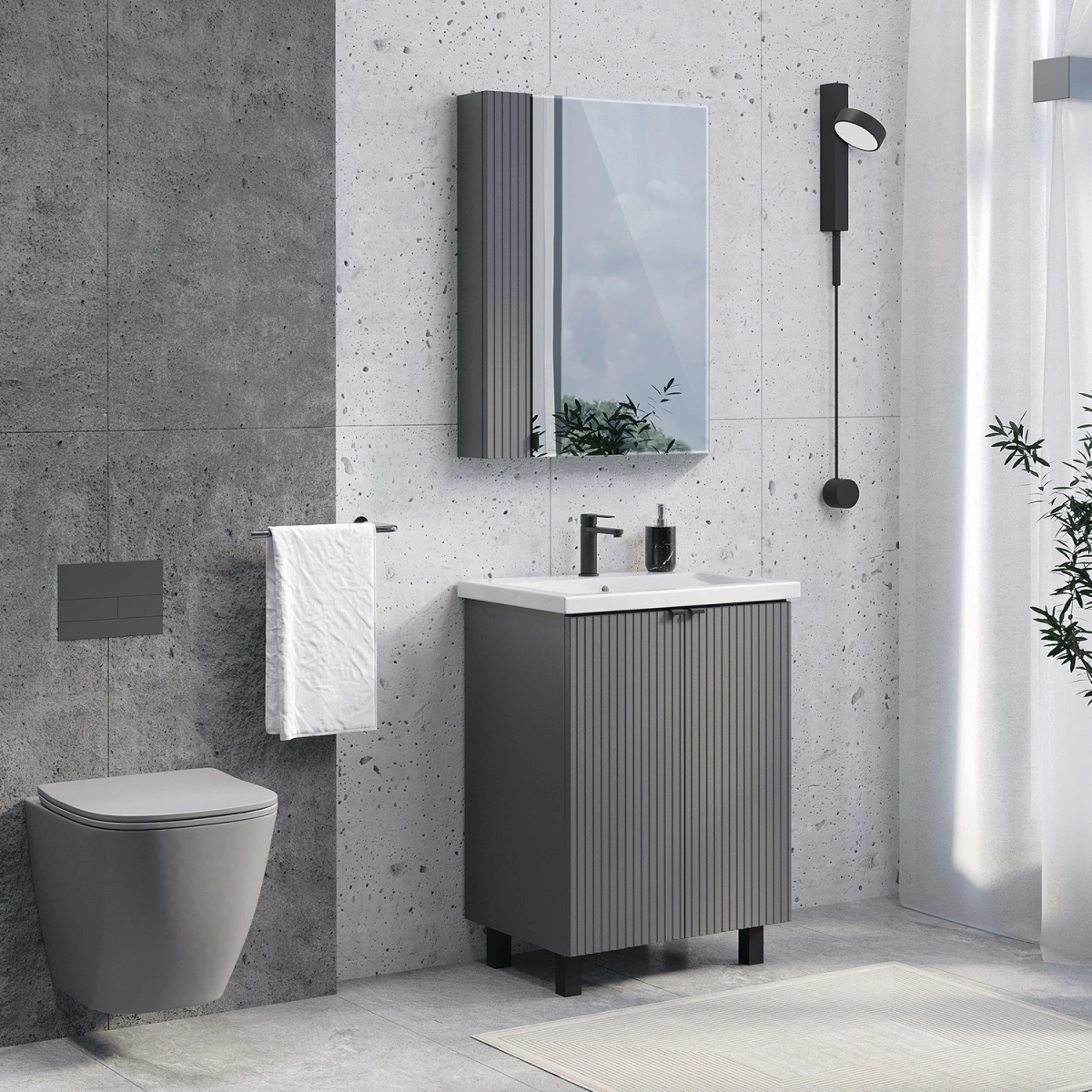 Тумба напольная Comforty Лима-60Н антрацит с раковиной Комо 60 от магазина Vanna-Vanna.ru!