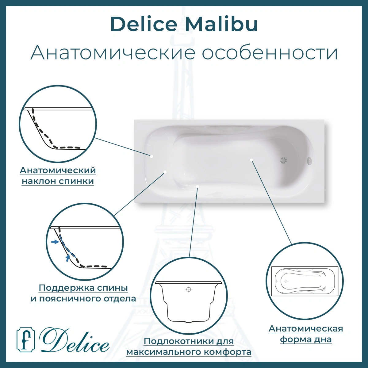 Ванна чугунная Delice Malibu 140х75 DLR230628R с отверстиями под ручки от магазина Vanna-Vanna.ru!