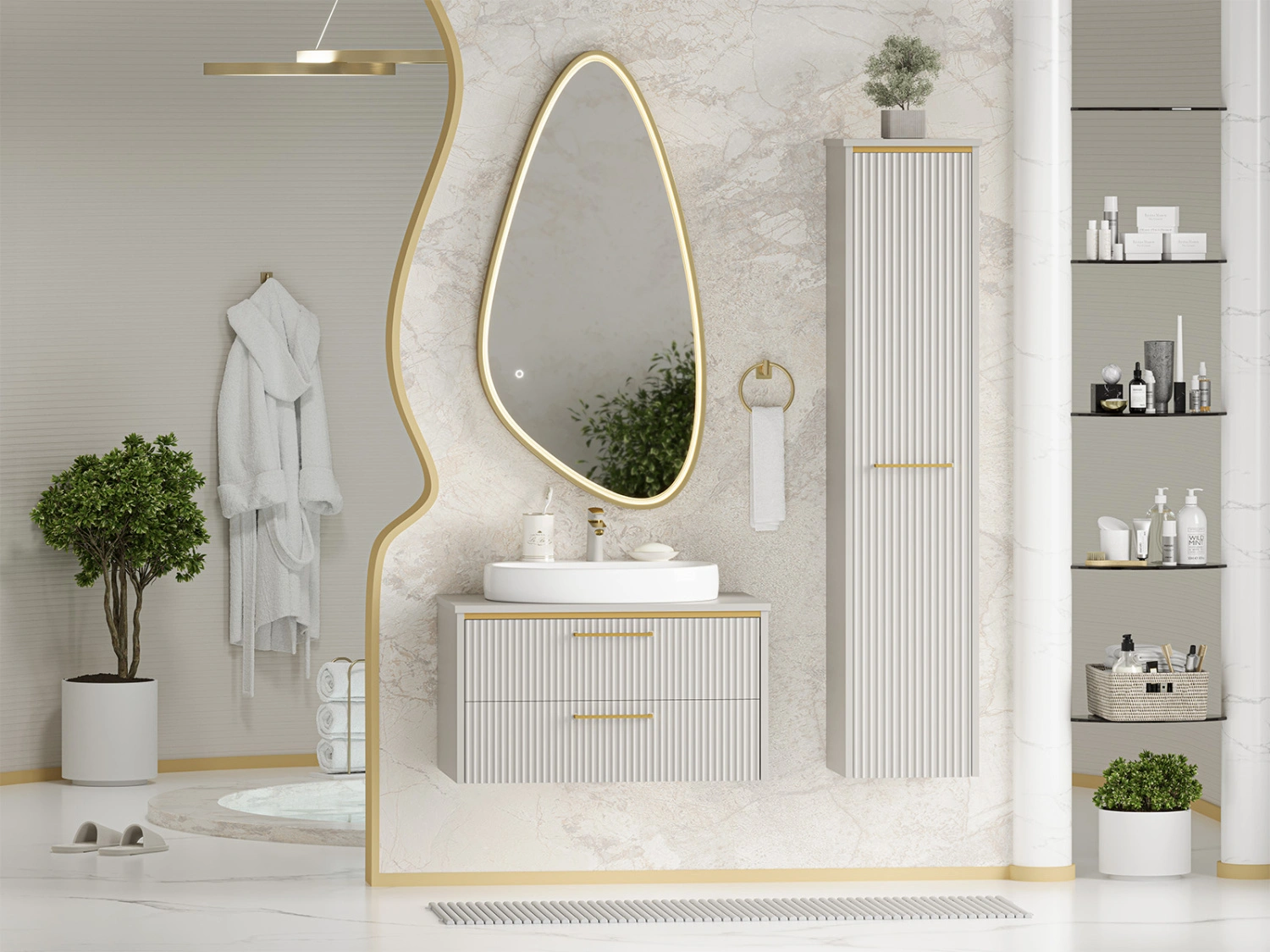 Тумба с раковиной Brevita Elche 80 подвесная, серый/патина золото