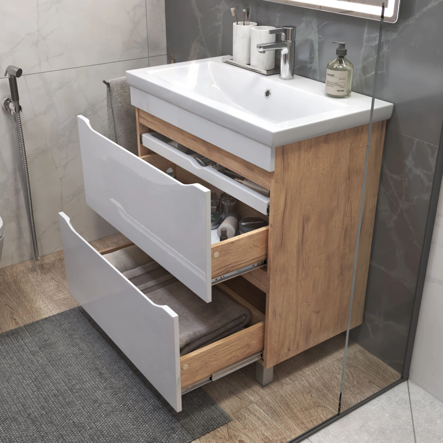 Тумба напольная Vigo Grani 800-0-2 с раковиной Como 80, 2 ящика, дуб золотой от магазина Vanna-Vanna.ru!