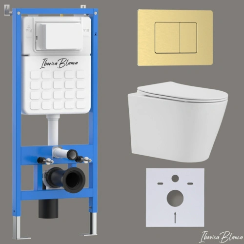 Комплект 3в1 IBERICA BLANCA инсталляция SILENCIO, унитаз BURGOS ALTO белый, кнопка смыва INOX-C золото матовое (IB001.BRA.234.1150) от магазина Vanna-Vanna.ru!