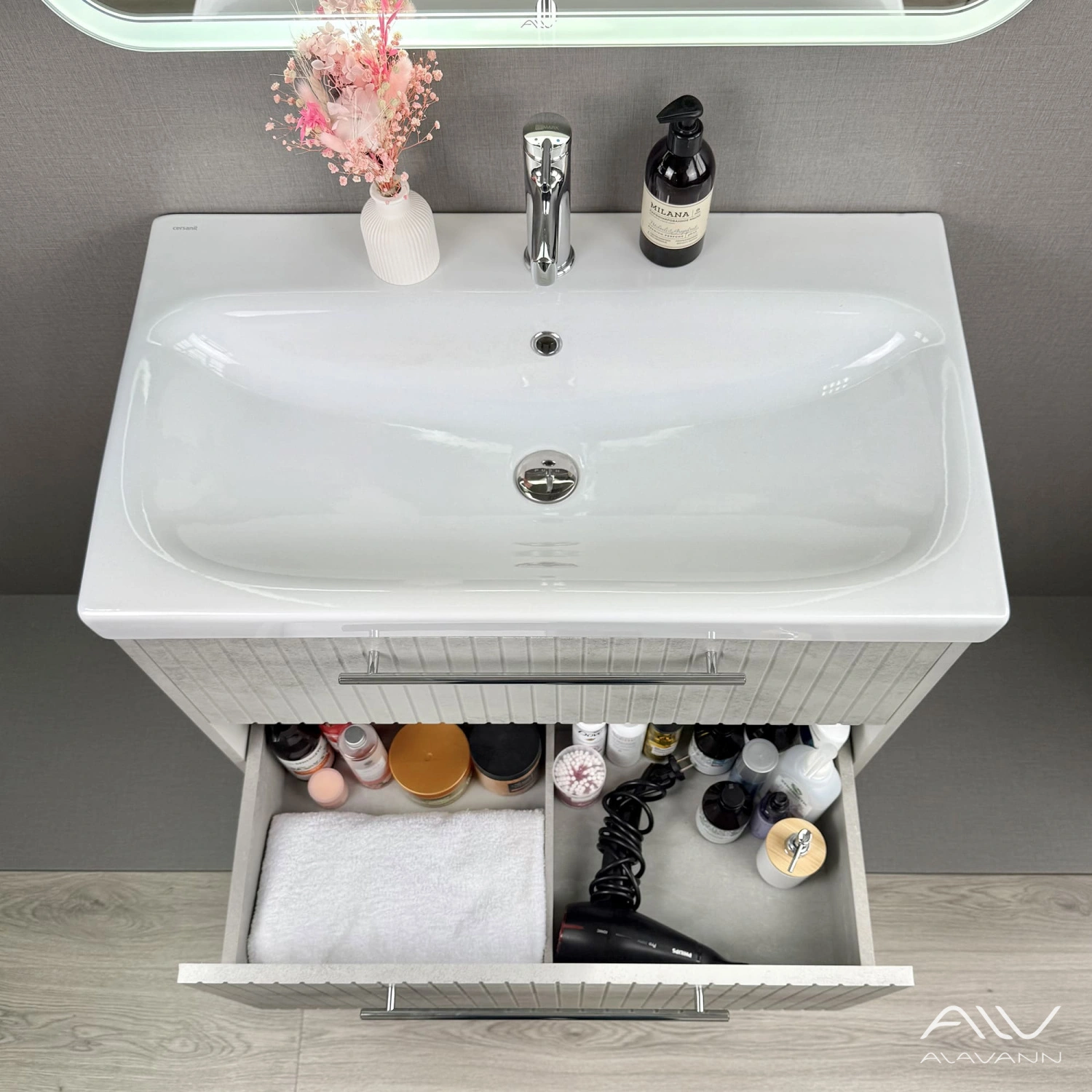 Тумба подвесная Alavann Emma 80 с раковиной Moduo 80, серый бетон