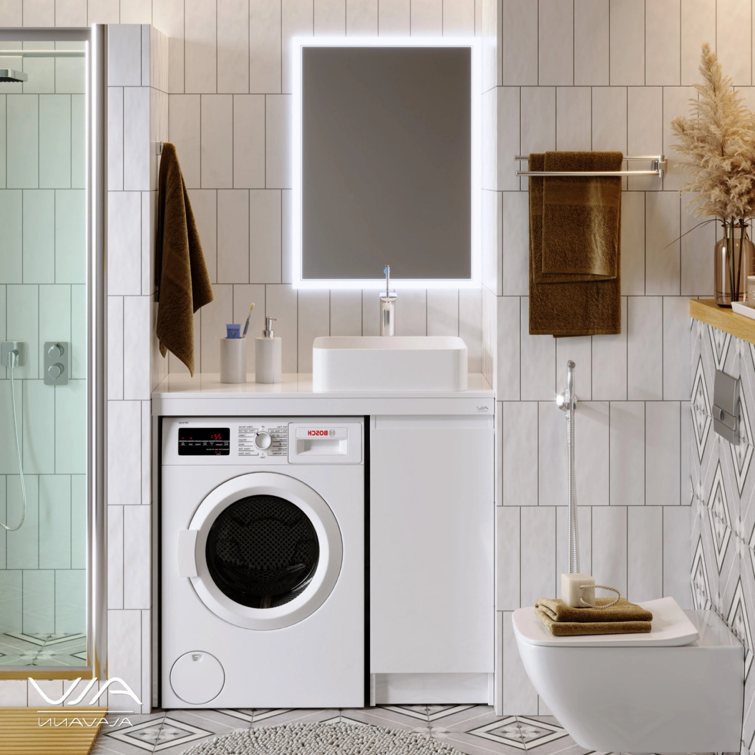 Тумба 36 со столешницей Мдф Alavann Soft 100 и раковиной Купер 56, R правая, под стиральную машину, белая от магазина Vanna-Vanna.ru!
