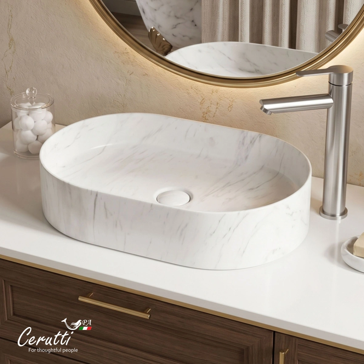 Раковина Ceruttispa CR0055B MMW1 накладная, мрамор матовый белый, овальная 500х350х120 от магазина Vanna-Vanna.ru!