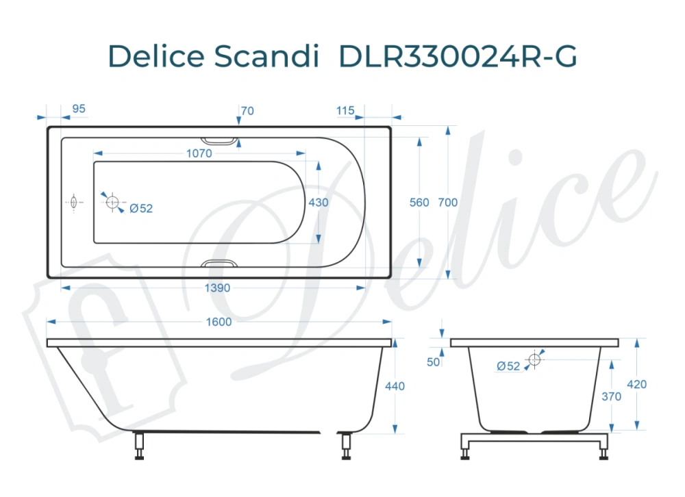 Ванна из литьевого мрамора Delice Scandi 160х70 глянцевая с черными ручками DLR330024RB-G от магазина Vanna-Vanna.ru!