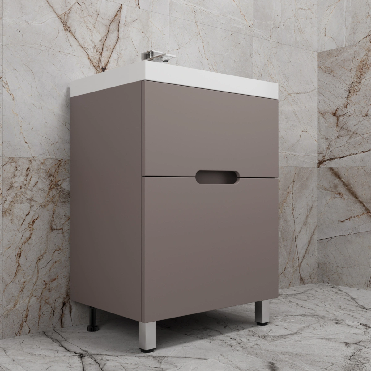 Тумба напольная Style Line "Матис 60" с раковиной ASTI 60 белый, (2 ящика), Тауп темный от магазина Vanna-Vanna.ru!