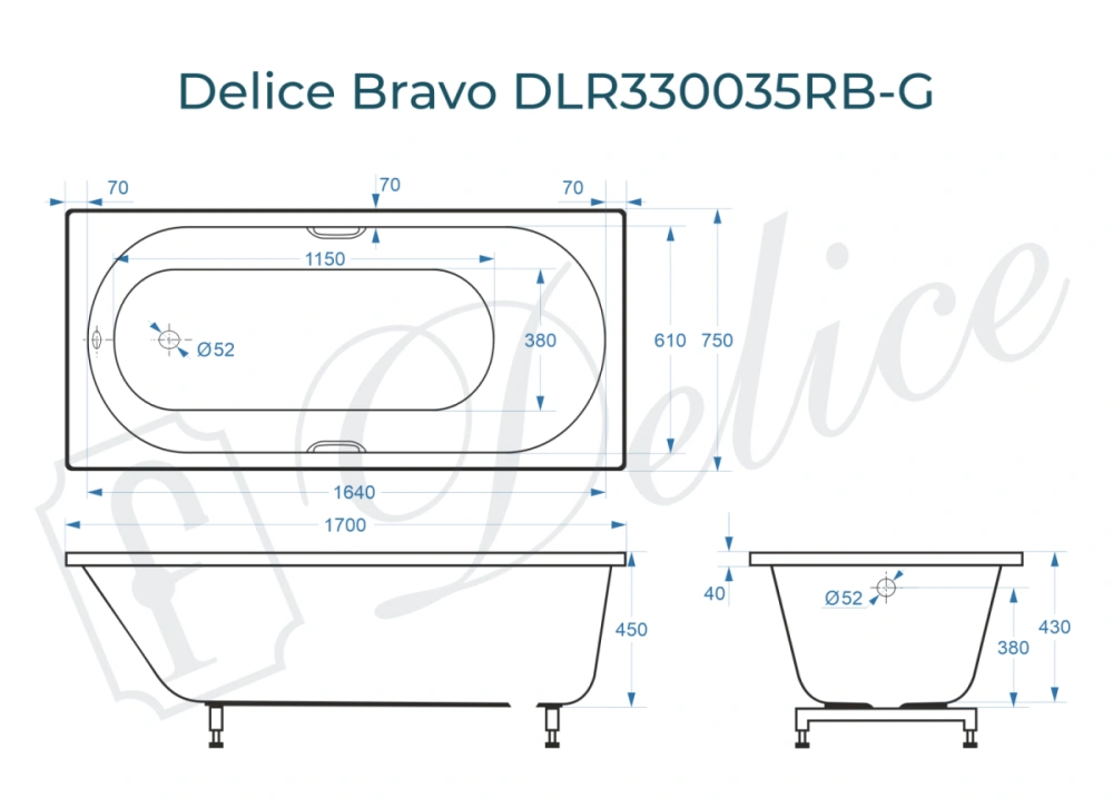 Ванна из литьевого мрамора Delice Bravo 170х75 глянцевая с черными ручками DLR330035RB-G от магазина Vanna-Vanna.ru!