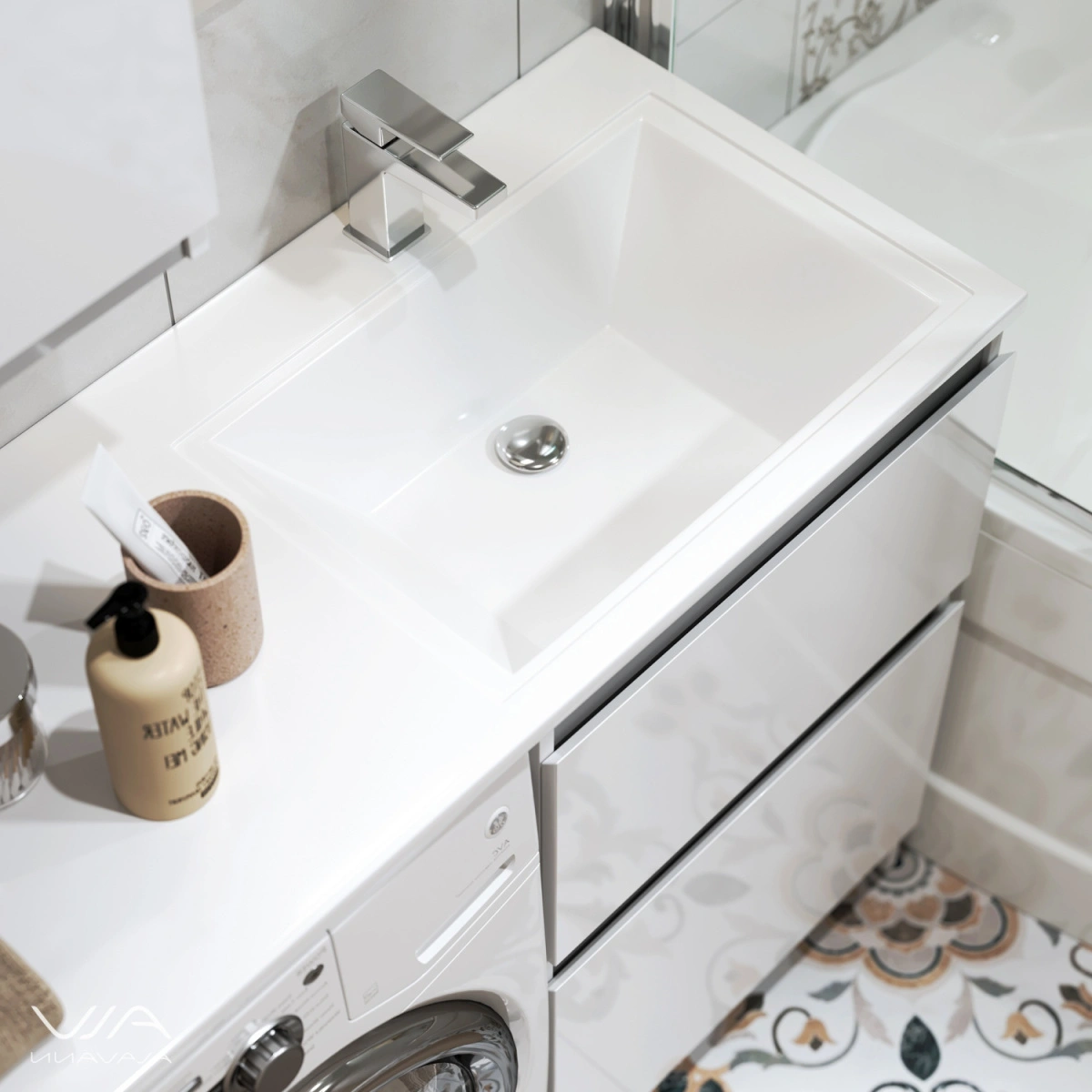 Тумба Alavann Soft Silver 53 с раковиной под стиральную машину Даллас 120 R, белая от магазина Vanna-Vanna.ru!