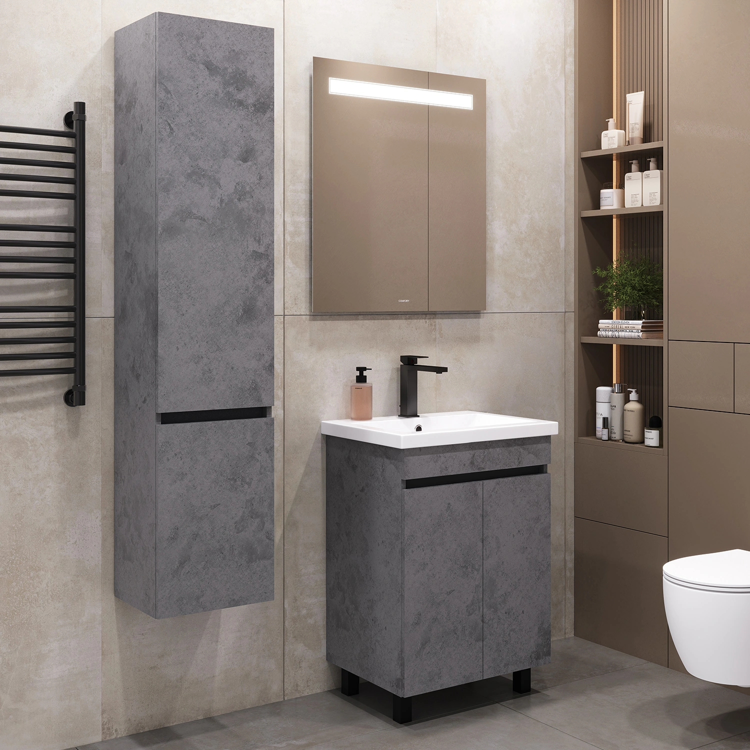 Тумба напольная Comforty Родос-60ПД бетон светлый с раковиной Como 60 от магазина Vanna-Vanna.ru!