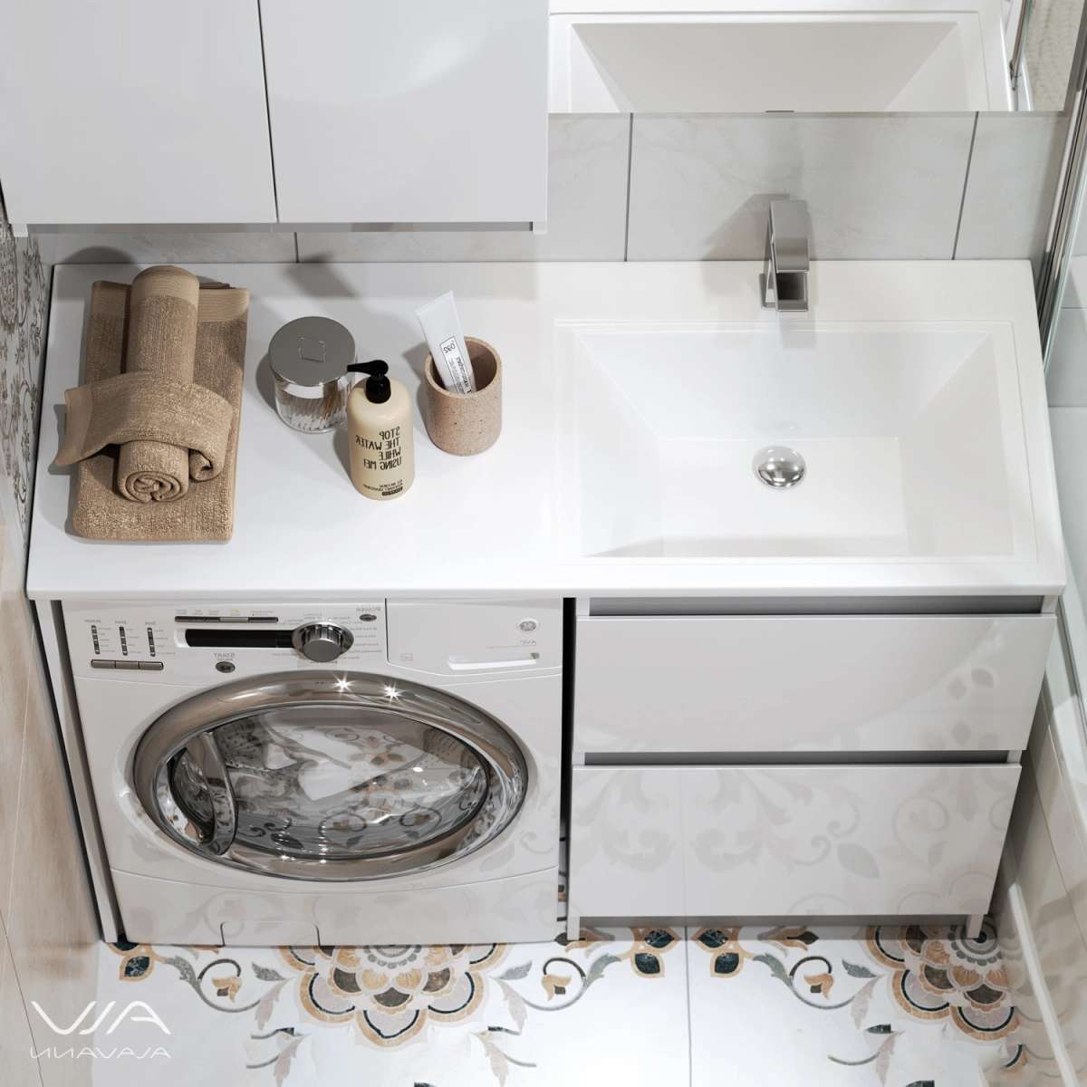 Тумба Alavann Soft Silver 53 с раковиной под стиральную машину Даллас 120 R, белая от магазина Vanna-Vanna.ru!