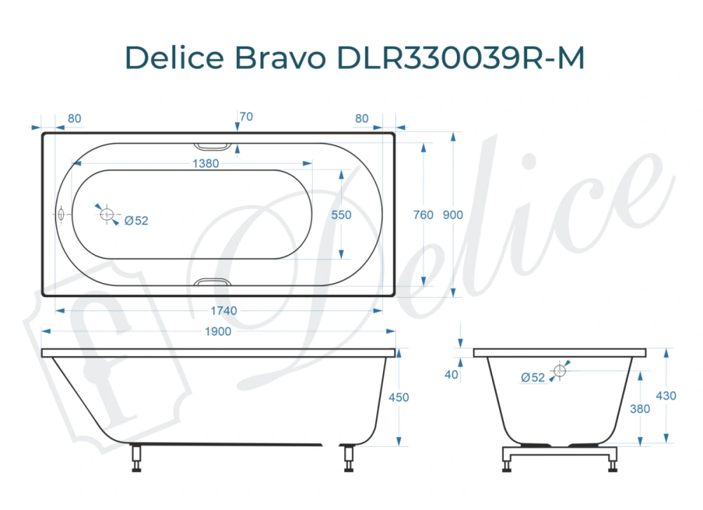 Ванна из литьевого мрамора Delice Bravo 190х90 матовая с ручками Хром DLR330039R-M от магазина Vanna-Vanna.ru!