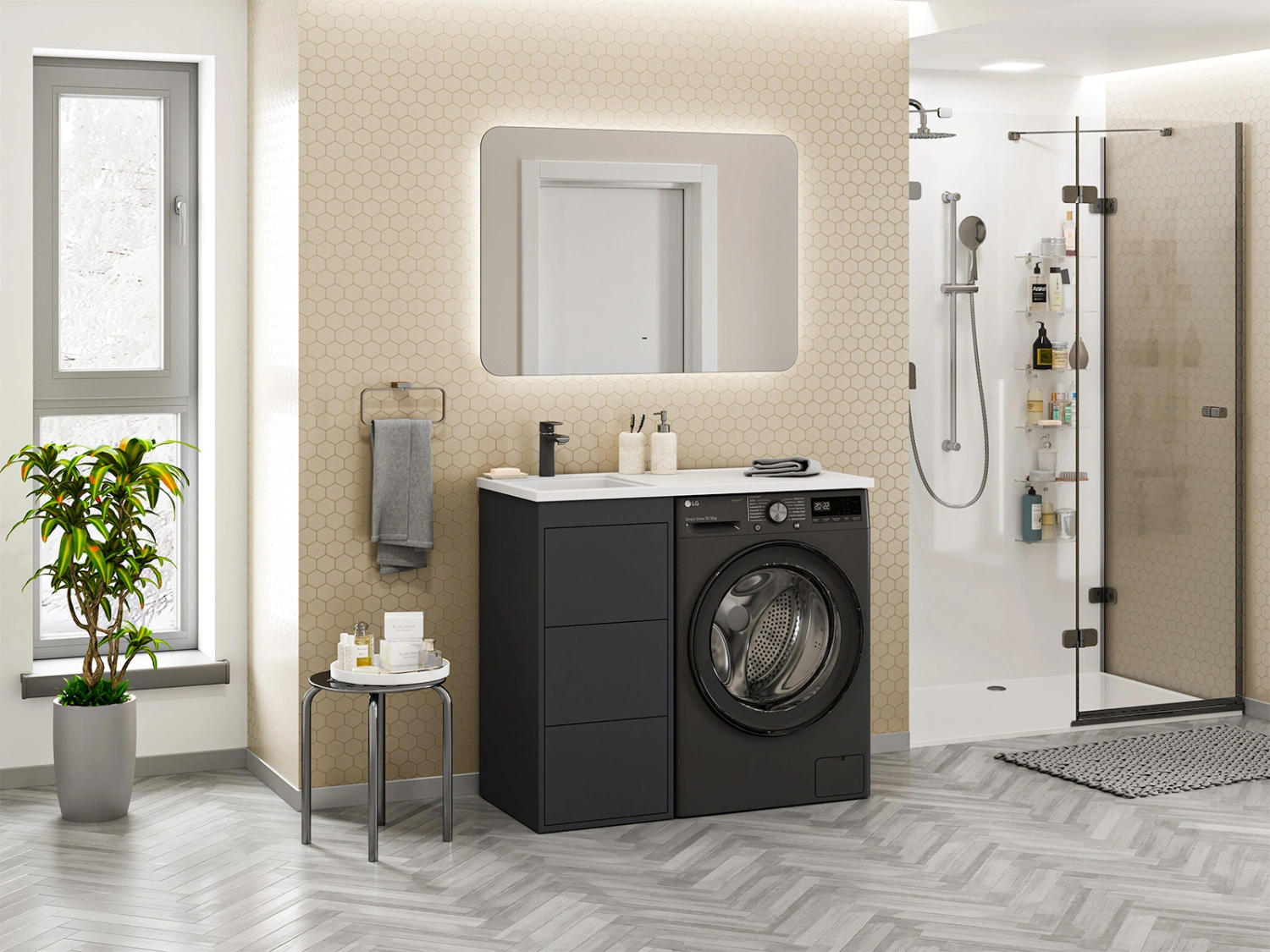 Тумба с раковиной Brevita Grafit 40 под стиральную машину, с раковиной Misty Гавана 100 L, графит от магазина Vanna-Vanna.ru!