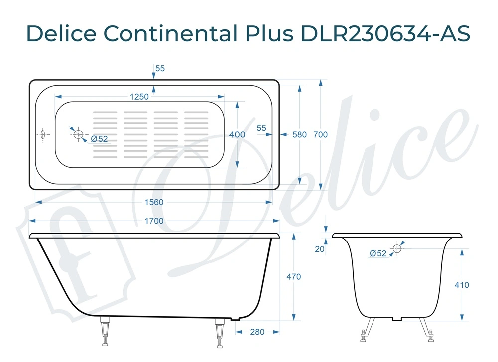 Ванна чугунная Delice Continental PLUS 170х70 DLR230634-AS с антискользящим покрытием от магазина Vanna-Vanna.ru!