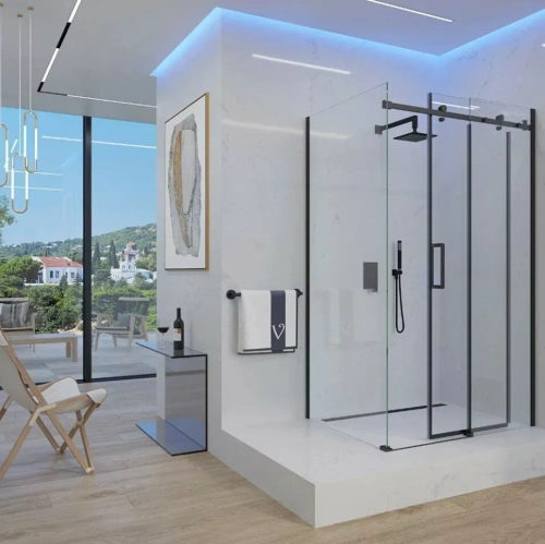 Душевой уголок Veconi RV074B-15080-01-C4 150x80 прямоугольный, без поддона, прозрачное стекло, черный матовый от магазина Vanna-Vanna.ru!