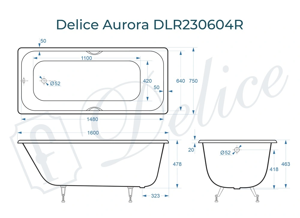 Ванна чугунная Delice Aurora 160х75 DLR230604R с отверстиями под ручки от магазина Vanna-Vanna.ru!