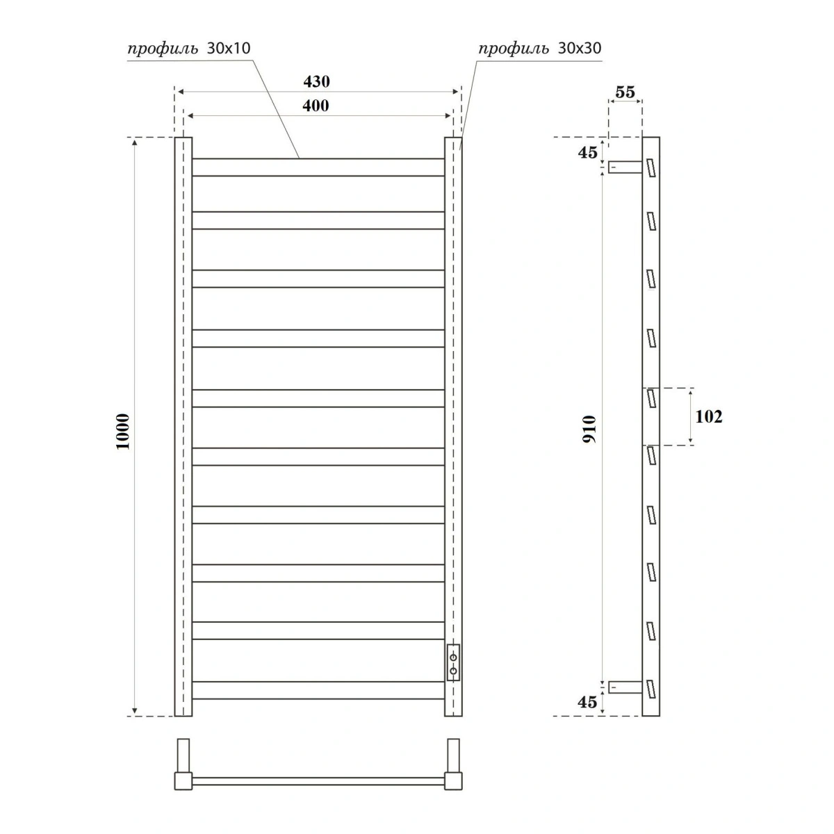 Полотенцесушитель электрический APEXTERMO Galaxy GL00104BM 1000x400, черный матовый