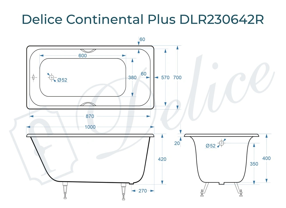 Ванна чугунная Delice Continental PLUS 100х70 DLR230642R с отверстиями под ручки от магазина Vanna-Vanna.ru!