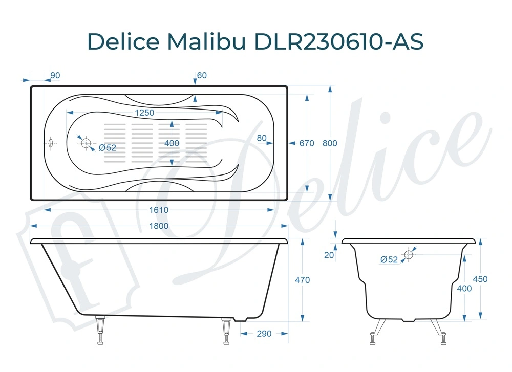 Ванна чугунная Delice Malibu 180х80 DLR230610-AS с антискользящим покрытием от магазина Vanna-Vanna.ru!