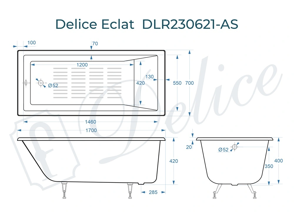 Ванна чугунная Delice Eclat 170х70 DLR230621-AS с антискользящим покрытием от магазина Vanna-Vanna.ru!