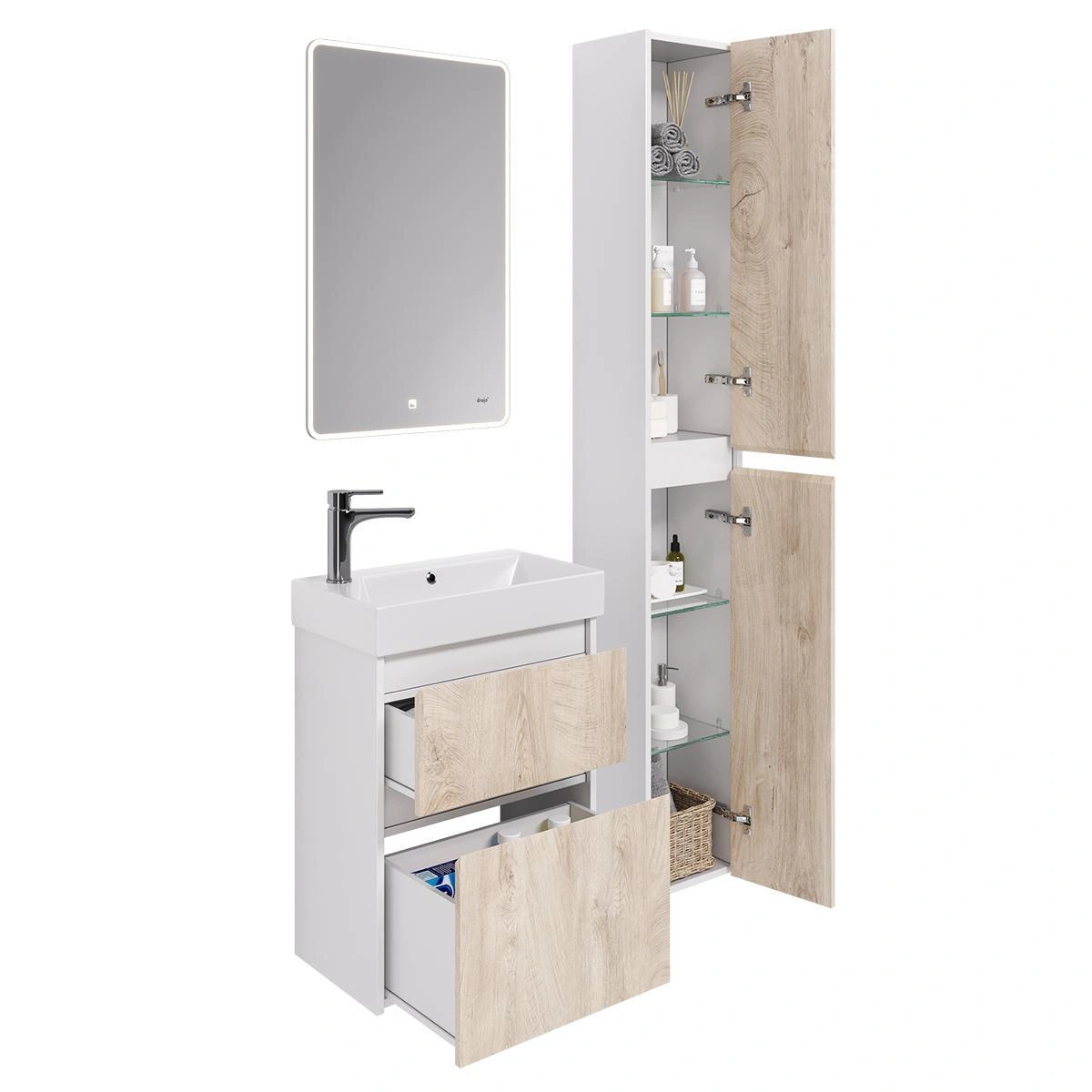 Тумба с раковиной подвесная Dreja Slim 55 см, белый/дуб кантри от магазина Vanna-Vanna.ru!