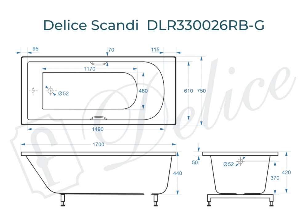 Ванна из литьевого мрамора Delice Scandi 170х75 глянцевая с черными ручками DLR330026RB-G от магазина Vanna-Vanna.ru!