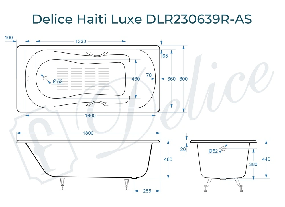 Ванна чугунная Delice Haiti Luxe 180х80 DLR230639R-AS с отверстиями под ручки и антискользящим покрытием от магазина Vanna-Vanna.ru!