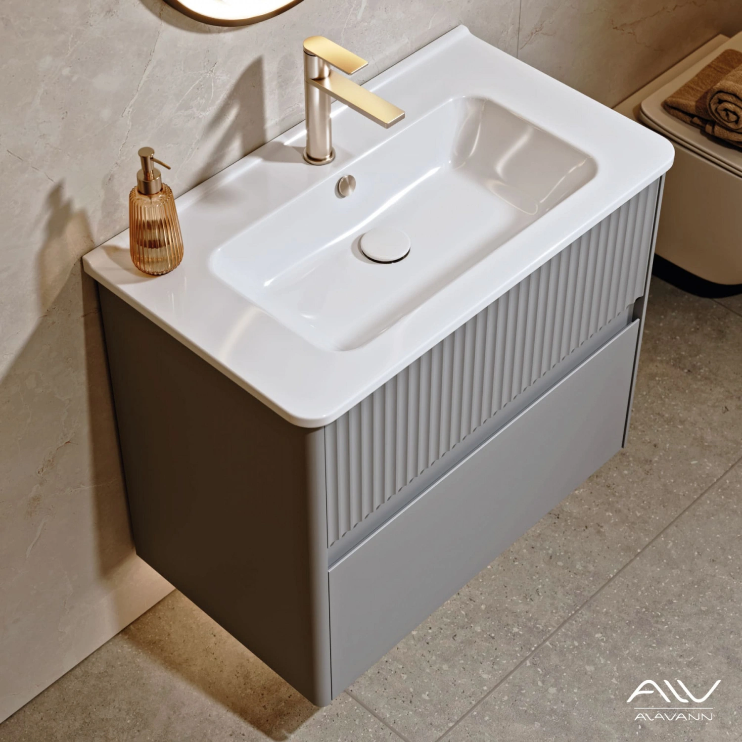Тумба подвесная Alavann Wave 80 с раковиной Nikson 80, голубой деним от магазина Vanna-Vanna.ru!