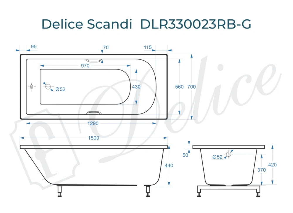 Ванна из литьевого мрамора Delice Scandi 150х70 глянцевая с черными ручками DLR330023RB-G от магазина Vanna-Vanna.ru!