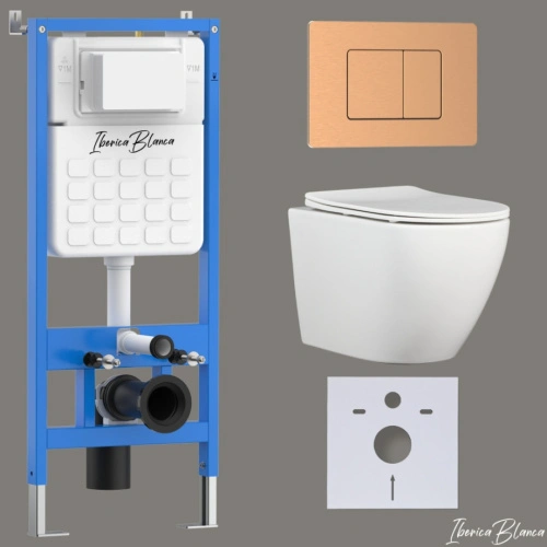 Комплект 3в1 IBERICA BLANCA инсталляция SILENCIO, унитаз BILBAO ALTO белый, кнопка смыва INOX-C розовое золото матовое (IB001.BLA.234.1172) от магазина Vanna-Vanna.ru!