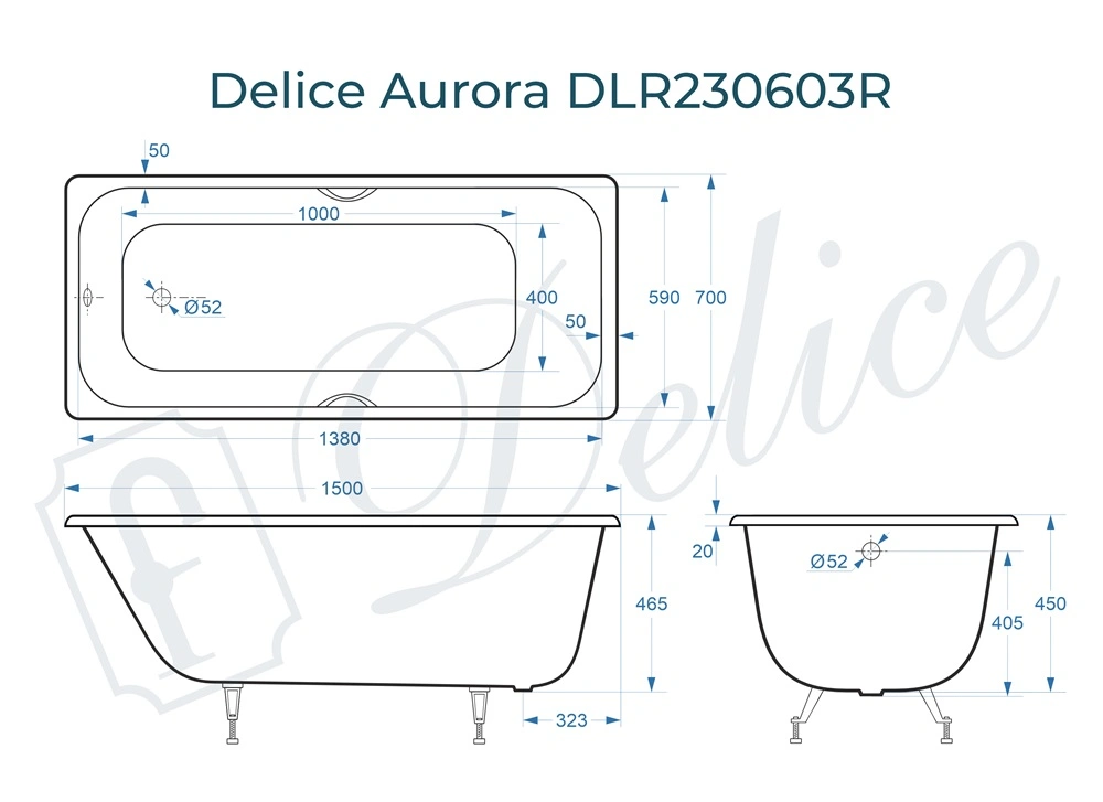 Ванна чугунная Delice Aurora 150х70 DLR230603R с отверстиями под ручки от магазина Vanna-Vanna.ru!