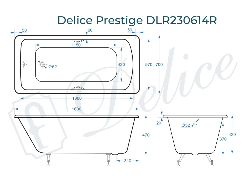 Ванна чугунная Delice Prestige 160х70 DLR230614R с отверстиями под ручки от магазина Vanna-Vanna.ru!