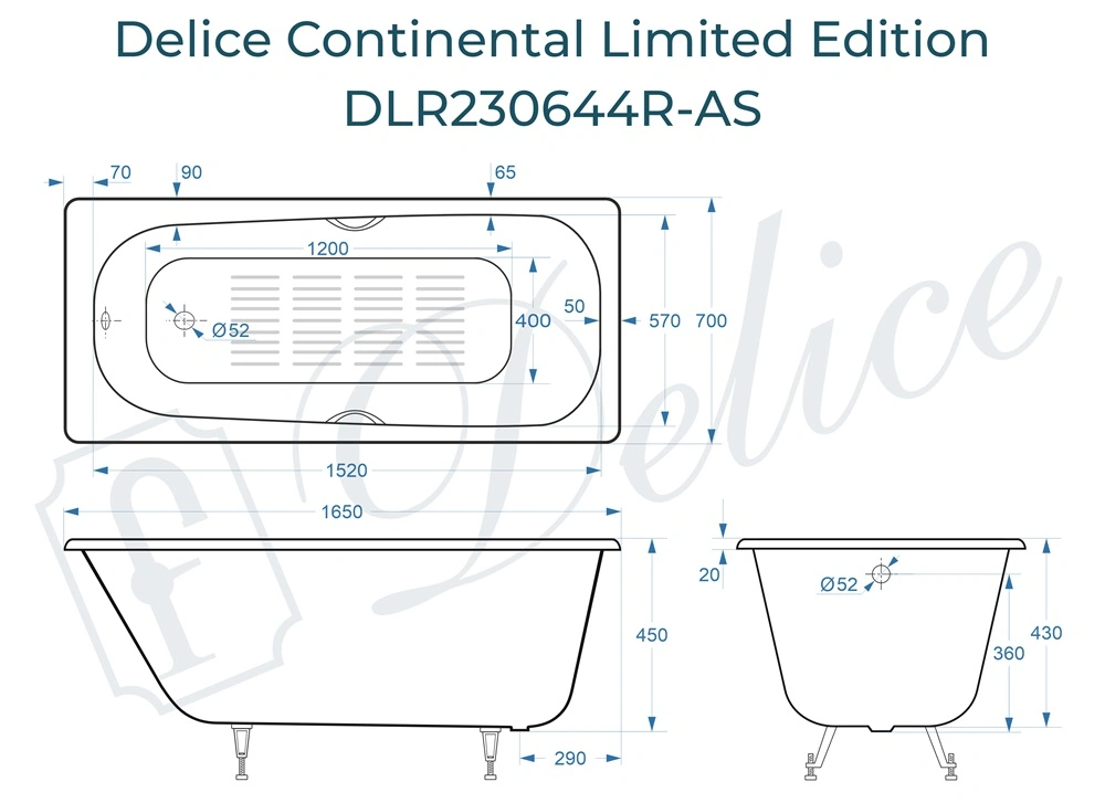 Ванна чугунная Delice Continental Limited Edition 165х70 DLR230644R-AS с отверстиями под ручки и антискользящим покрытием от магазина Vanna-Vanna.ru!