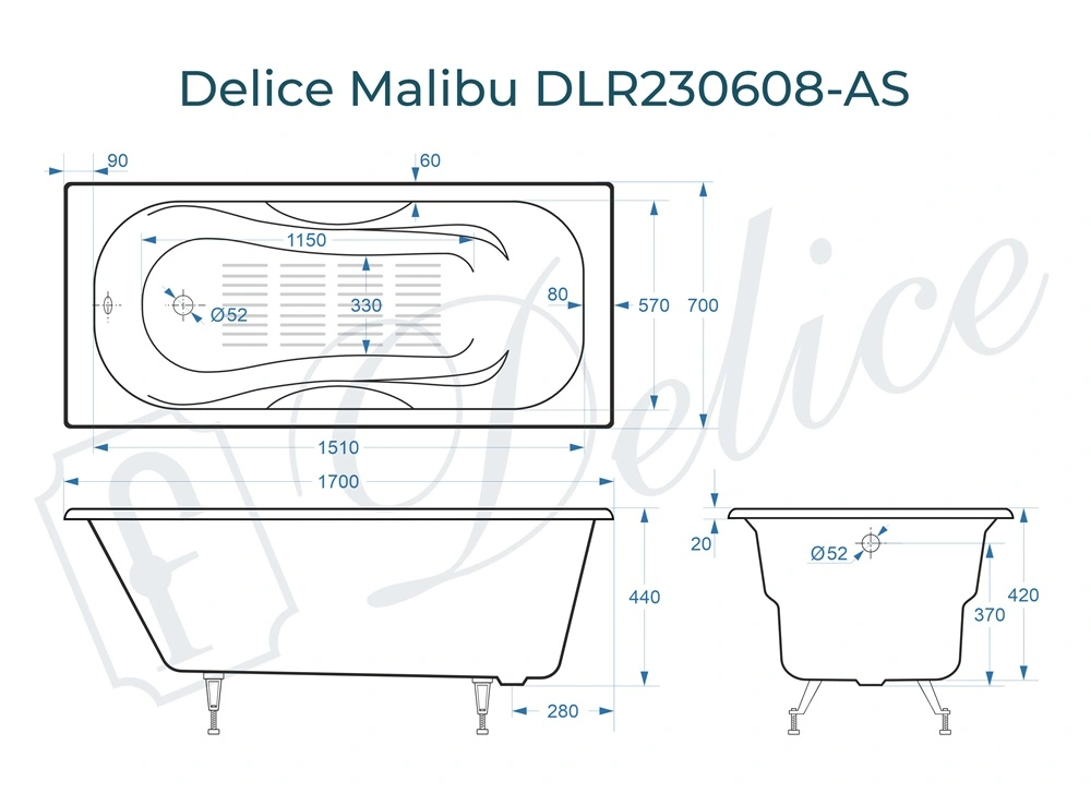 Ванна чугунная Delice Malibu 170х70 DLR230608-AS с антискользящим покрытием от магазина Vanna-Vanna.ru!