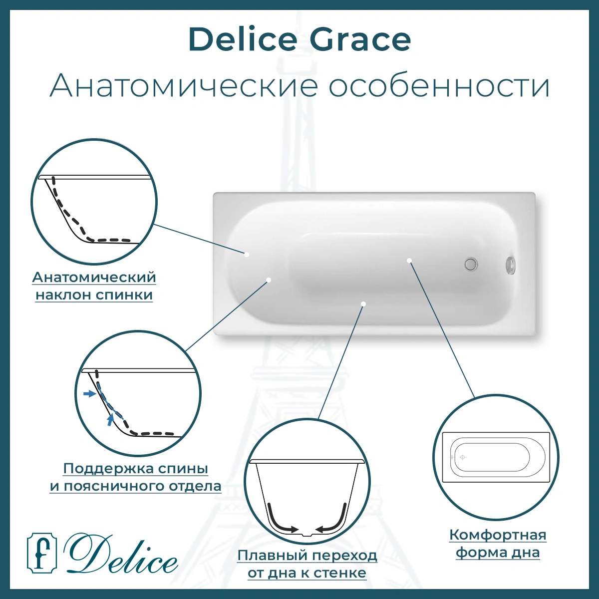 Ванна чугунная Delice Grace 170х70 DLR230643-AS с антискользящим покрытием от магазина Vanna-Vanna.ru!