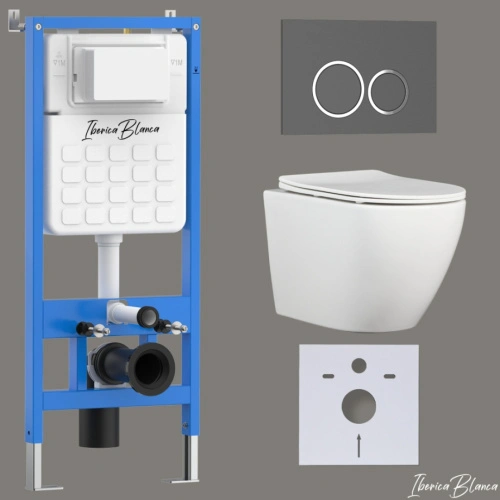 Комплект 3в1 IBERICA BLANCA инсталляция SILENCIO, унитаз BILBAO ALTO белый, кнопка смыва ESTI-O серый матовый (IB001.BLA.231.827) от магазина Vanna-Vanna.ru!