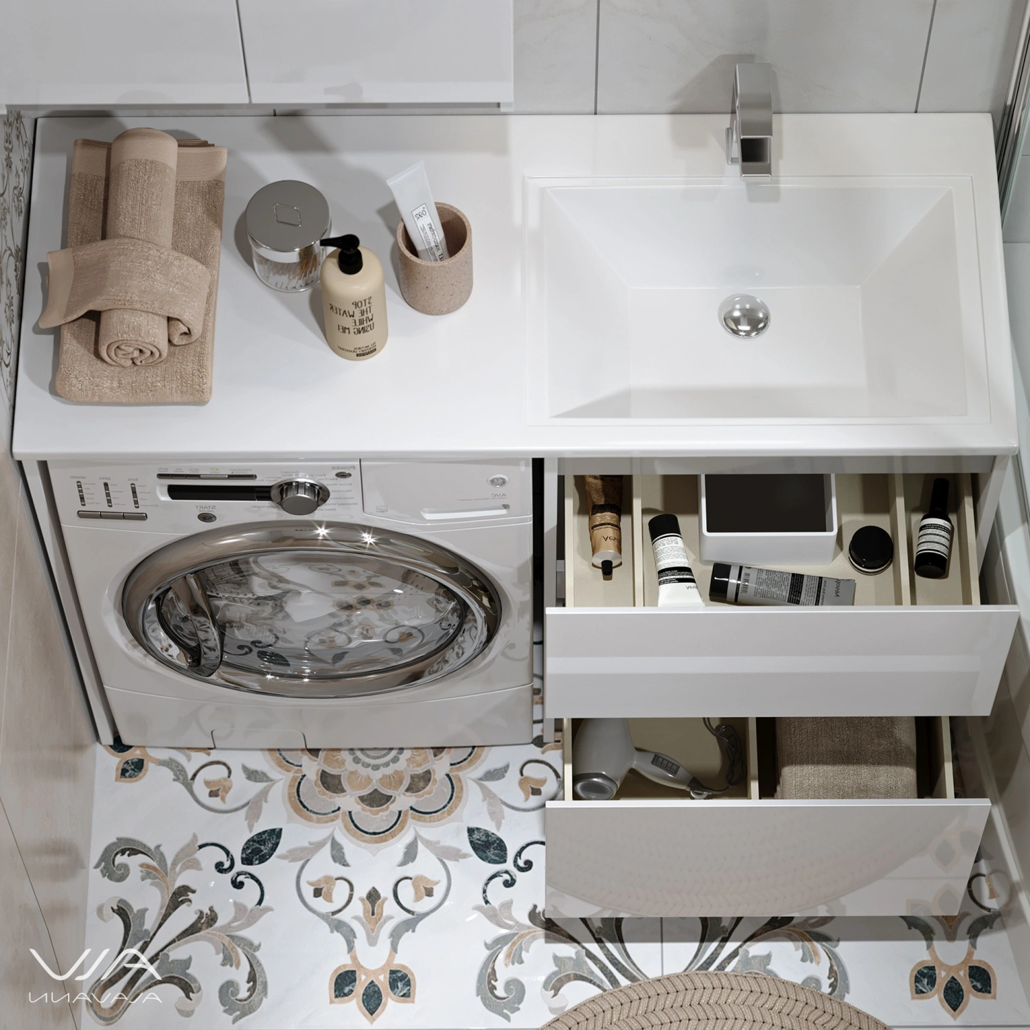Тумба Alavann Soft Silver 53 с раковиной под стиральную машину Даллас 120 R, белая от магазина Vanna-Vanna.ru!