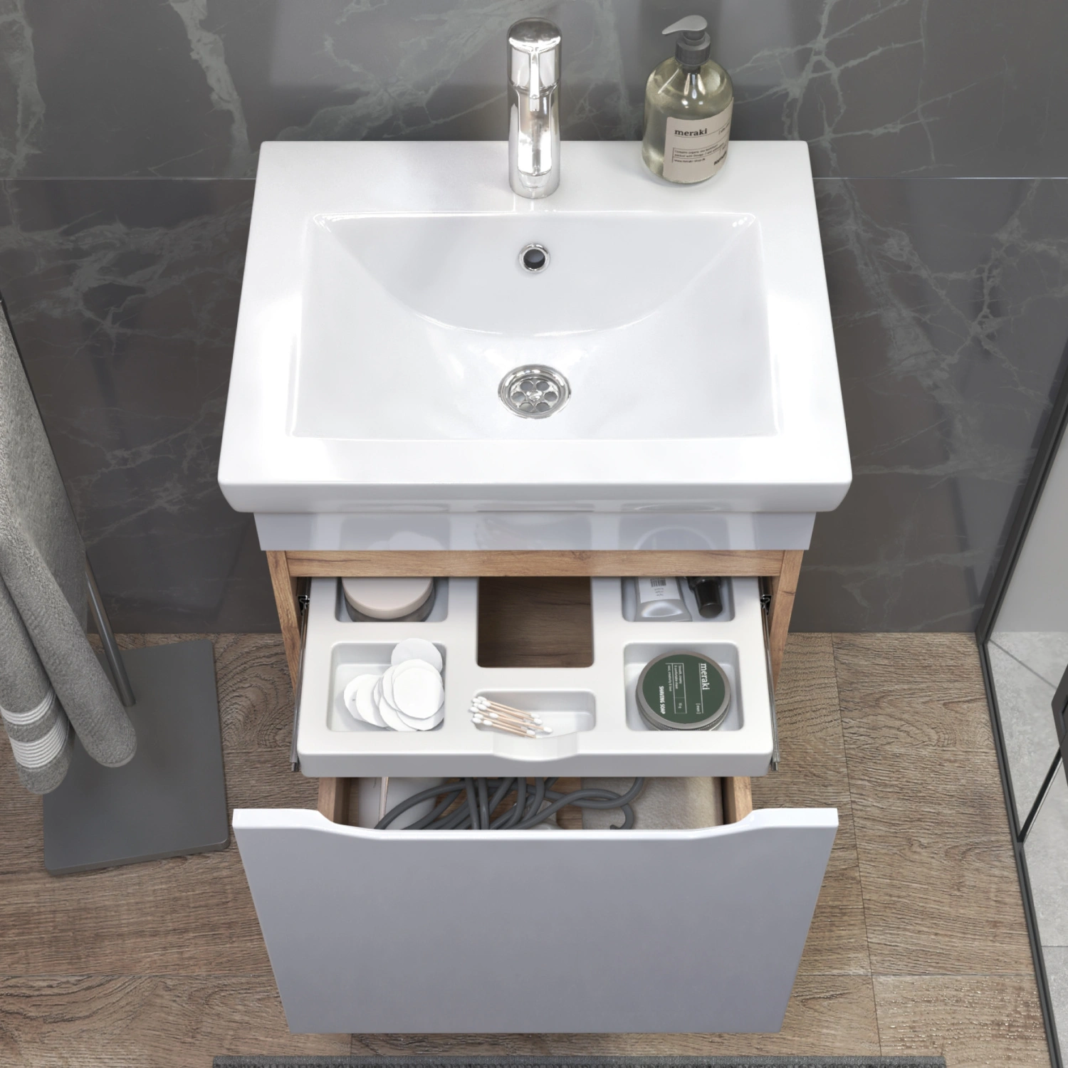 Тумба подвесная Vigo Grani 500-0-1 с раковиной Фостер 50, 1 ящик, дуб золотой