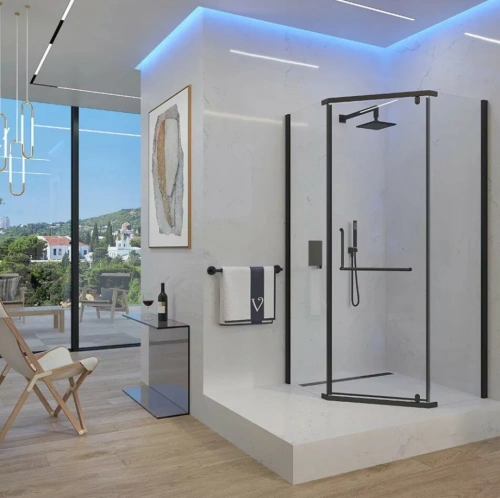 Душевой уголок Veconi RV36B-90-01-C5 90х90 пятиугольный, без поддона, прозрачное стекло, черный матовый от магазина Vanna-Vanna.ru!