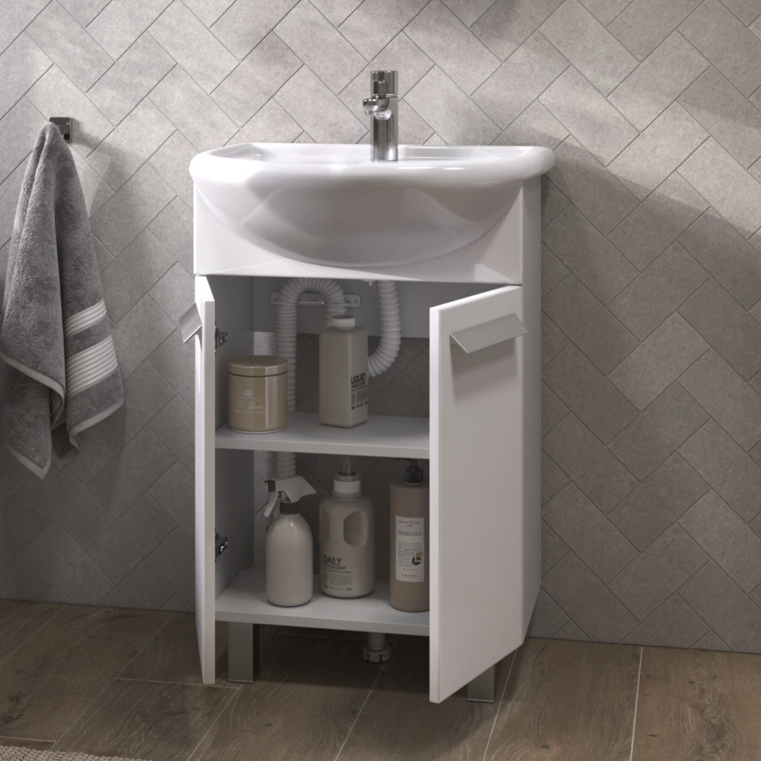 Тумба напольная Vigo Hoska 55 с раковиной Уют 55, 2 двери, белый от магазина Vanna-Vanna.ru!