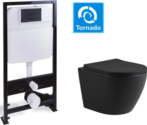 Унитаз подвесной SantiLine SL-5025MB+SL-03 с инсталляцией и кнопкой, черный от магазина Vanna-Vanna.ru!