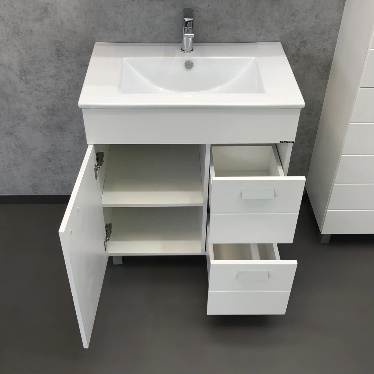 Тумба напольная Comforty Модена 75M белая с раковиной Квадро 75 от магазина Vanna-Vanna.ru!