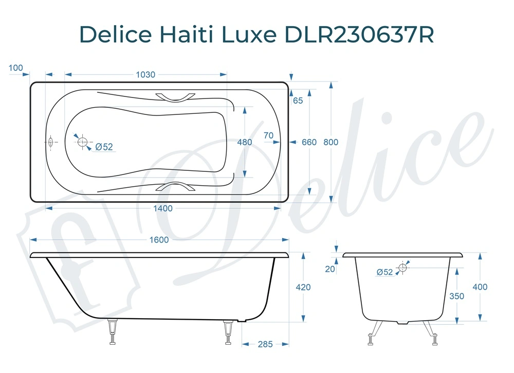 Ванна чугунная Delice Haiti Luxe 160х80 DLR230637R с отверстиями под ручки от магазина Vanna-Vanna.ru!