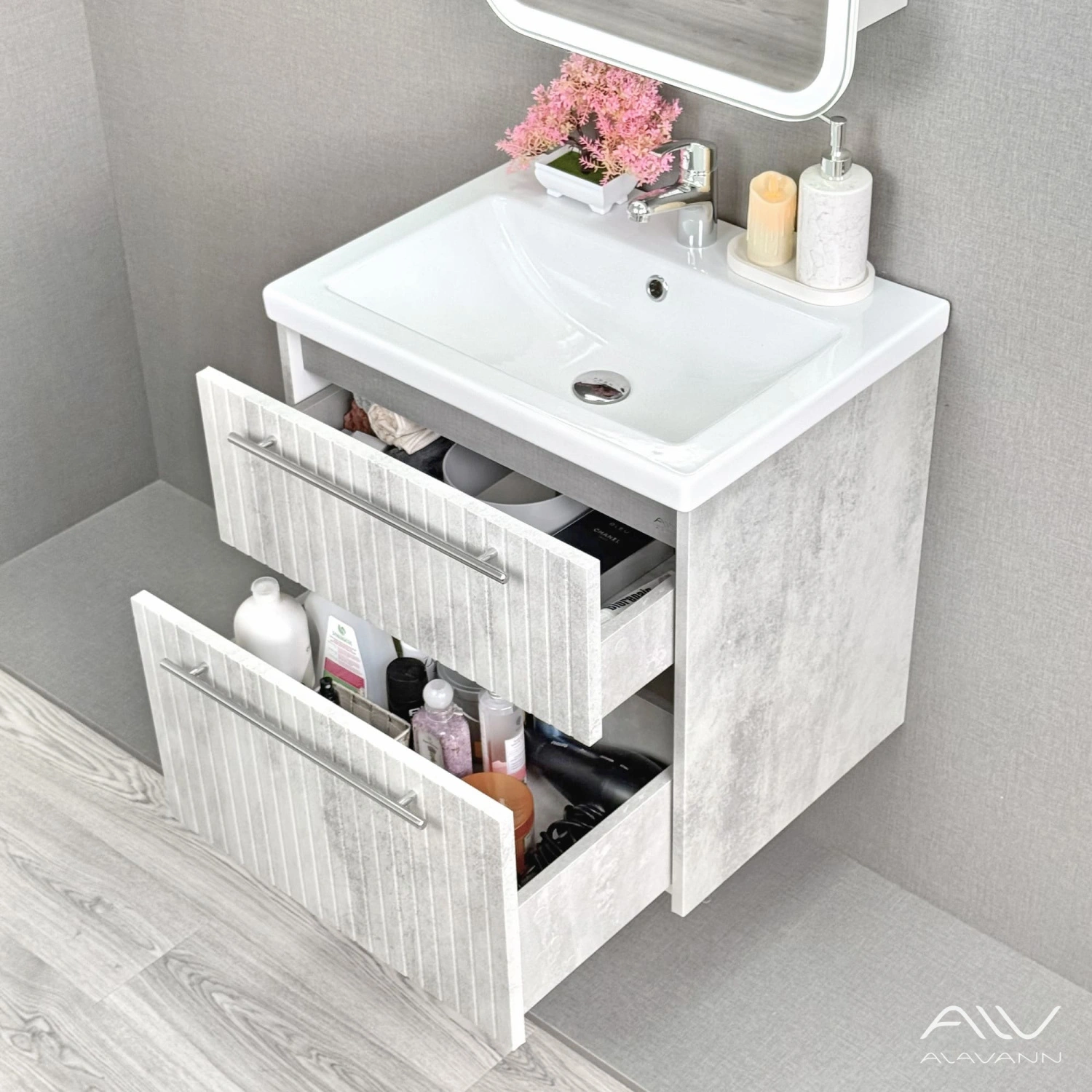 Тумба подвесная Alavann Emma 60 с раковиной Como 60, серый бетон от магазина Vanna-Vanna.ru!