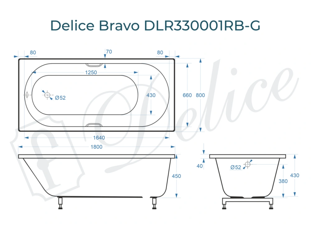 Ванна из литьевого мрамора Delice Bravo 180х80 глянцевая с черными ручками DLR330001RB-G от магазина Vanna-Vanna.ru!