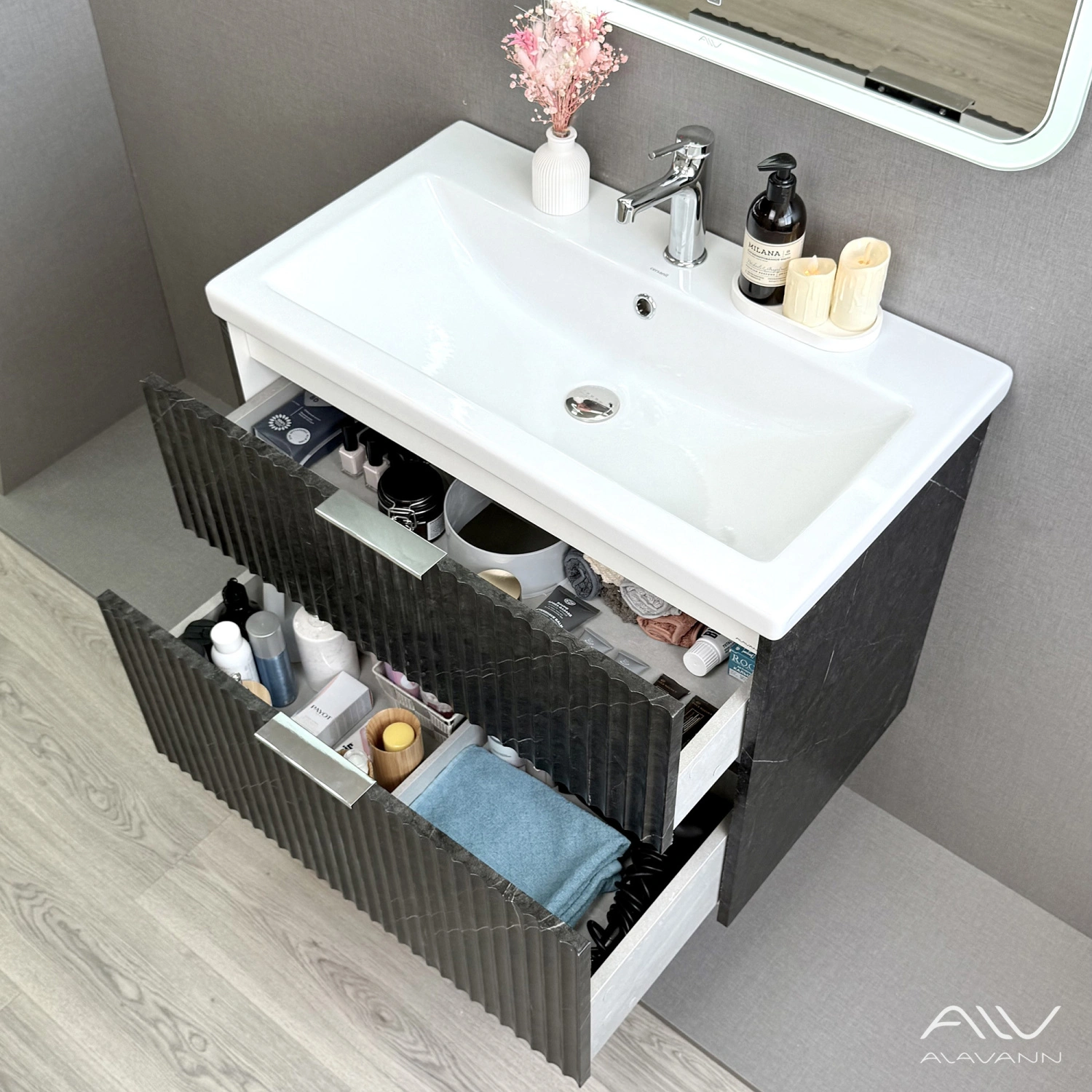 Тумба подвесная Alavann Anna 80 с раковиной Como 80, черный мрамор от магазина Vanna-Vanna.ru!